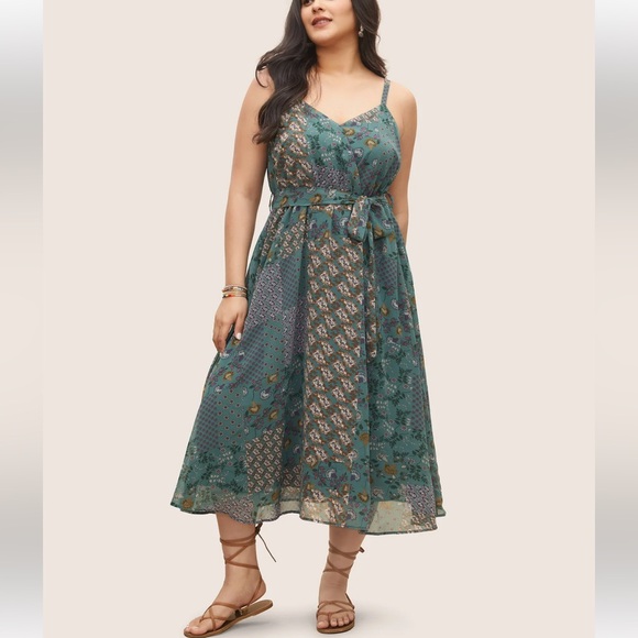 Bloomchic Chiffon Boho Print Wrap Belted Cami Dress - Picture 2 of 7